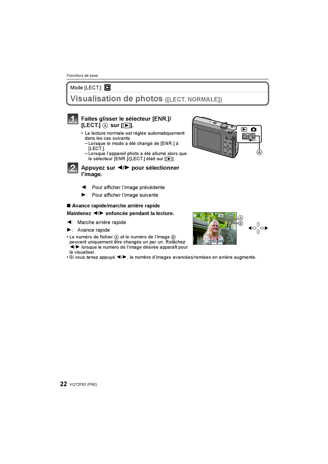 Panasonic DMC-FP8 manual Visualisation de photos LECT. Normale, Mode LECT. ¸, Marche arrière rapide Avance rapide 