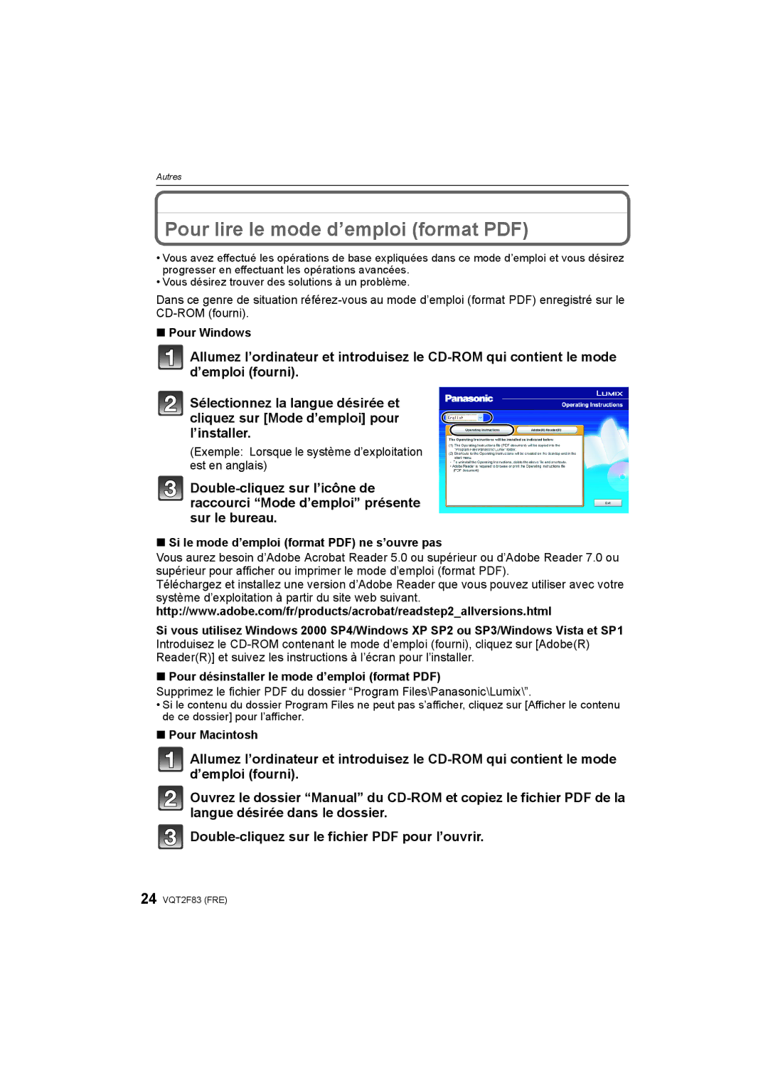 Panasonic DMC-FP8 manual Pour Windows, Exemple Lorsque le système d’exploitation est en anglais, Pour Macintosh 