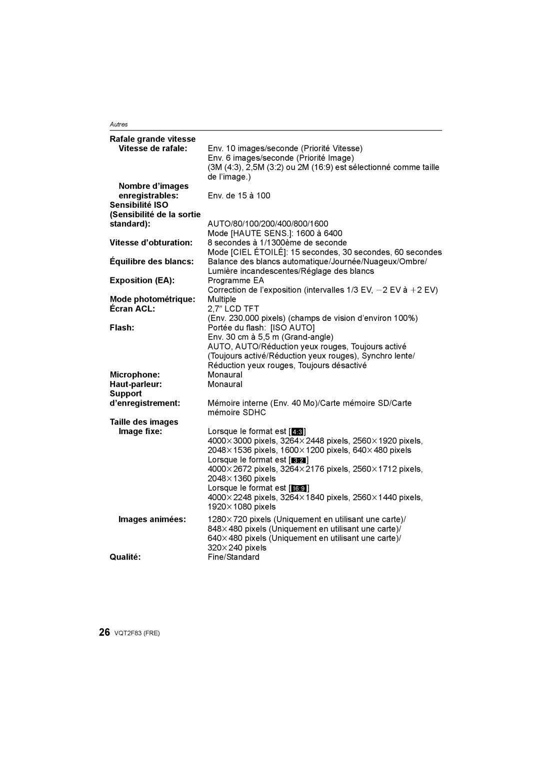 Panasonic DMC-FP8 manual Rafale grande vitesse Vitesse de rafale, Nombre d’images, Sensibilité ISO, Standard, Exposition EA 