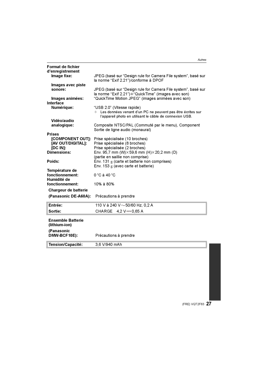 Panasonic DMC-FP8 manual Format de fichier ’enregistrement Image fixe, Vidéo/audio, Prise spécialisée 8 broches, 65 a 