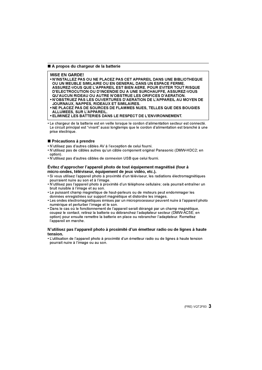 Panasonic DMC-FP8 manual Propos du chargeur de la batterie, Précautions à prendre 