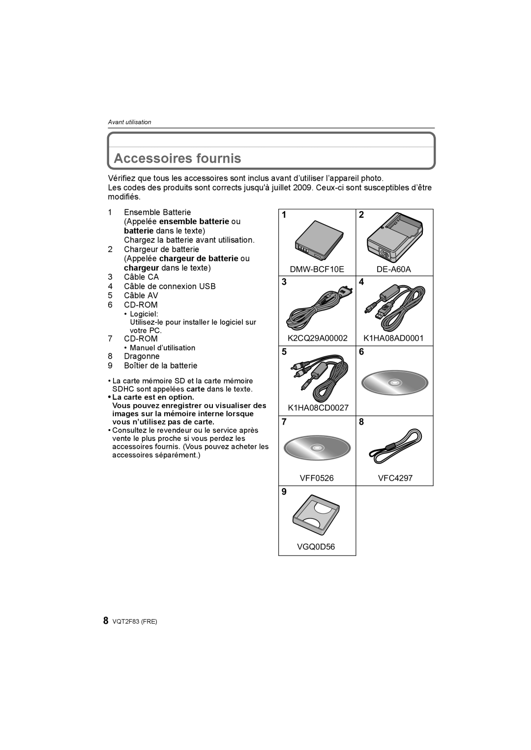 Panasonic DMC-FP8 manual Accessoires fournis, Appelée ensemble batterie ou batterie dans le texte 