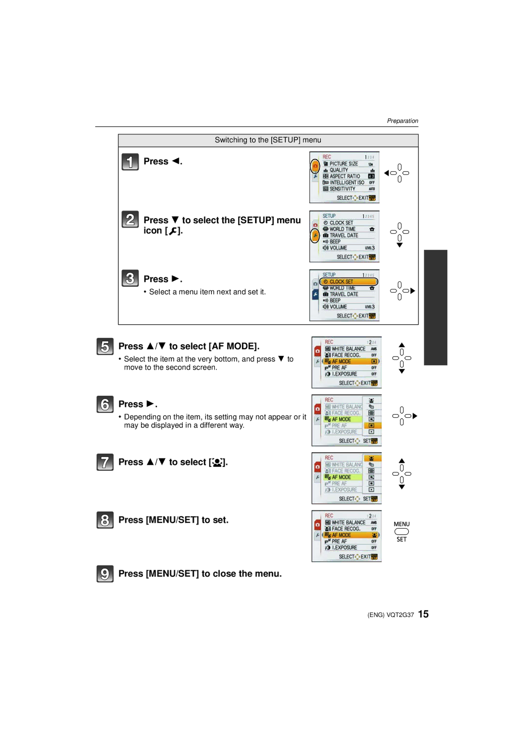 Panasonic DMC-FP8 operating instructions Press Press 4 to select the Setup menu icon, Press 3/4 to select AF Mode 