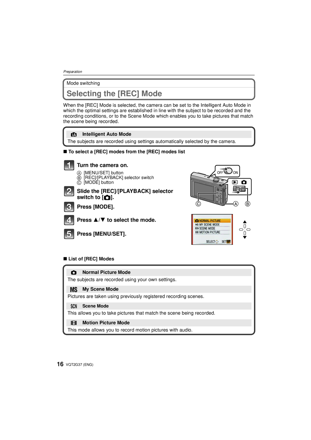 Panasonic DMC-FP8 operating instructions Selecting the REC Mode 