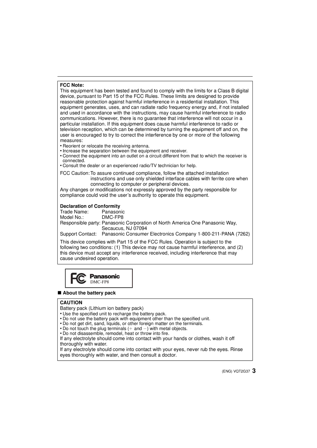 Panasonic DMC-FP8 operating instructions FCC Note, Declaration of Conformity, About the battery pack 