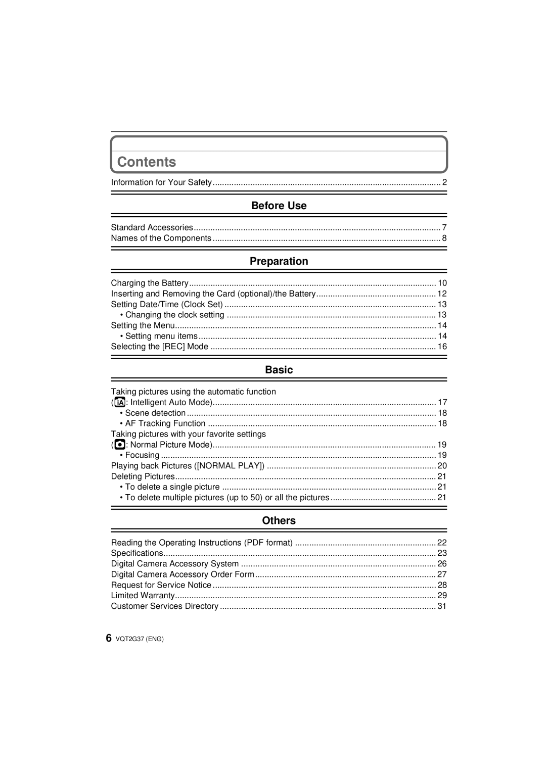 Panasonic DMC-FP8 operating instructions Contents 