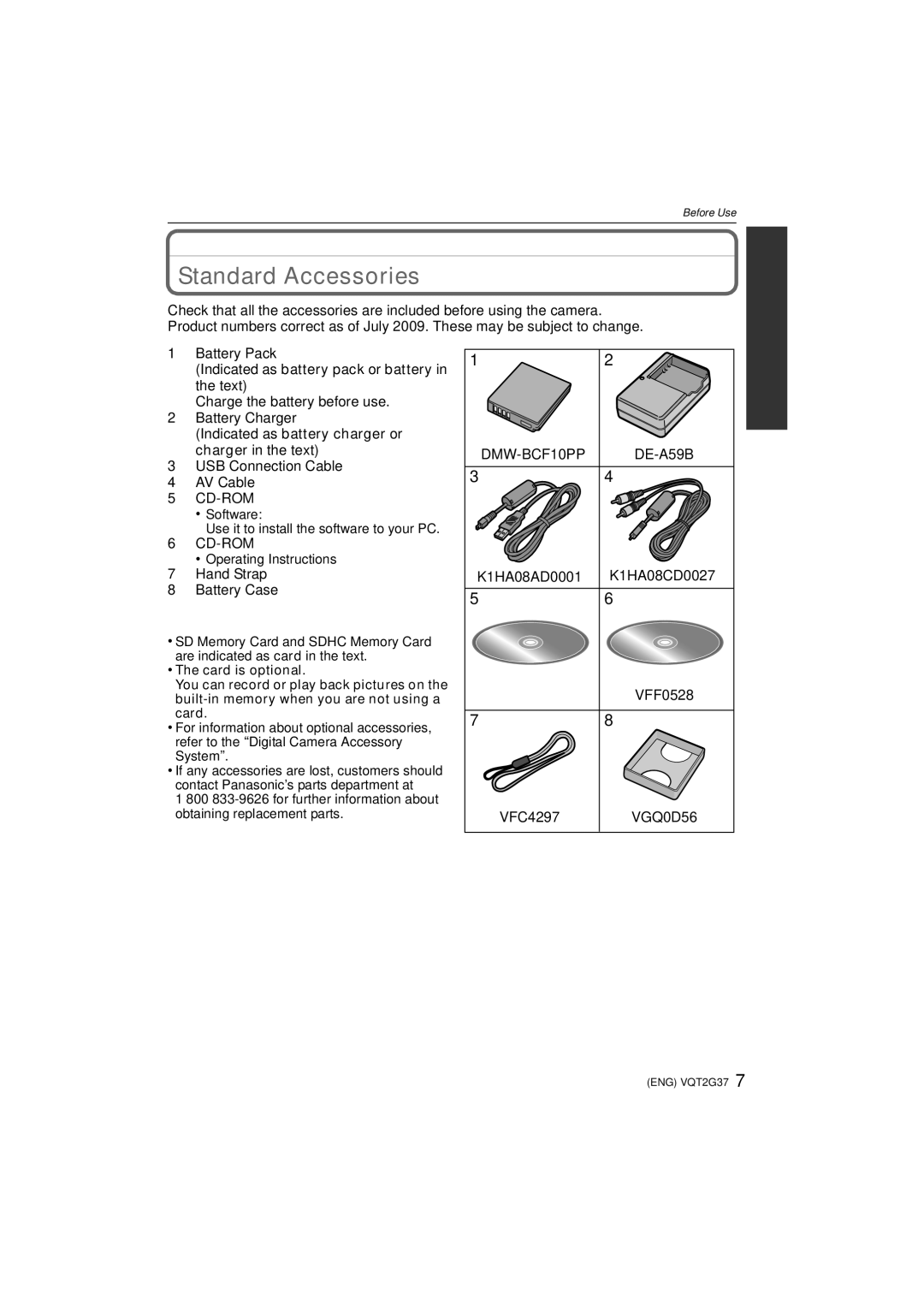 Panasonic DMC-FP8 operating instructions Standard Accessories, Indicated as battery charger or charger in the text 