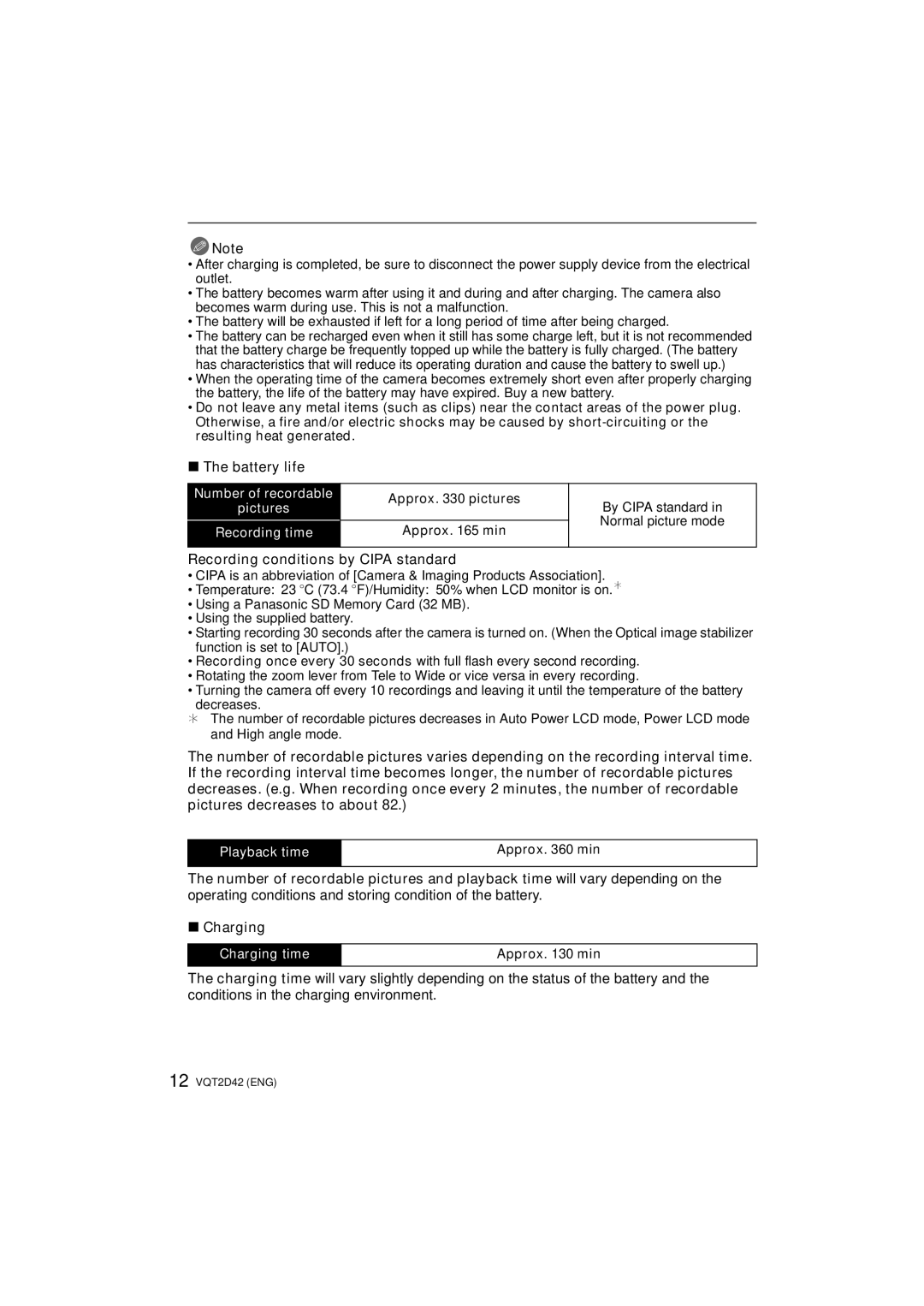 Panasonic DMC-FS12, VQT2D42 operating instructions Battery life, Recording conditions by Cipa standard 