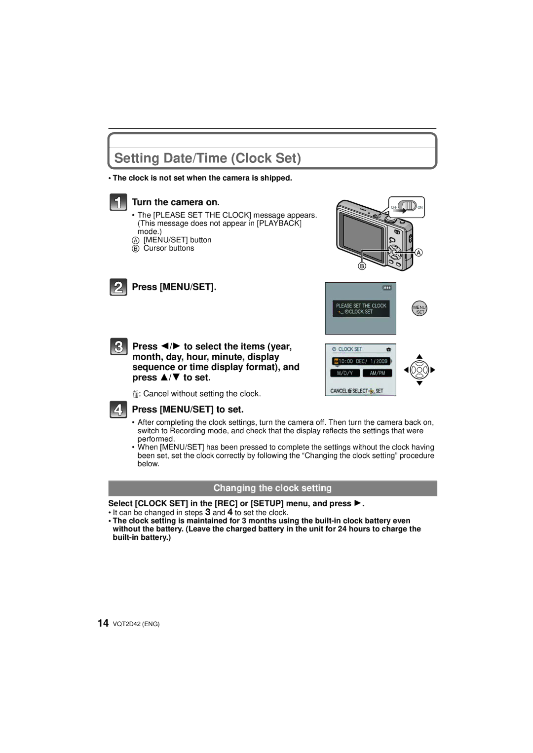 Panasonic DMC-FS12 Setting Date/Time Clock Set, Turn the camera on, Press MENU/SET to set, Changing the clock setting 