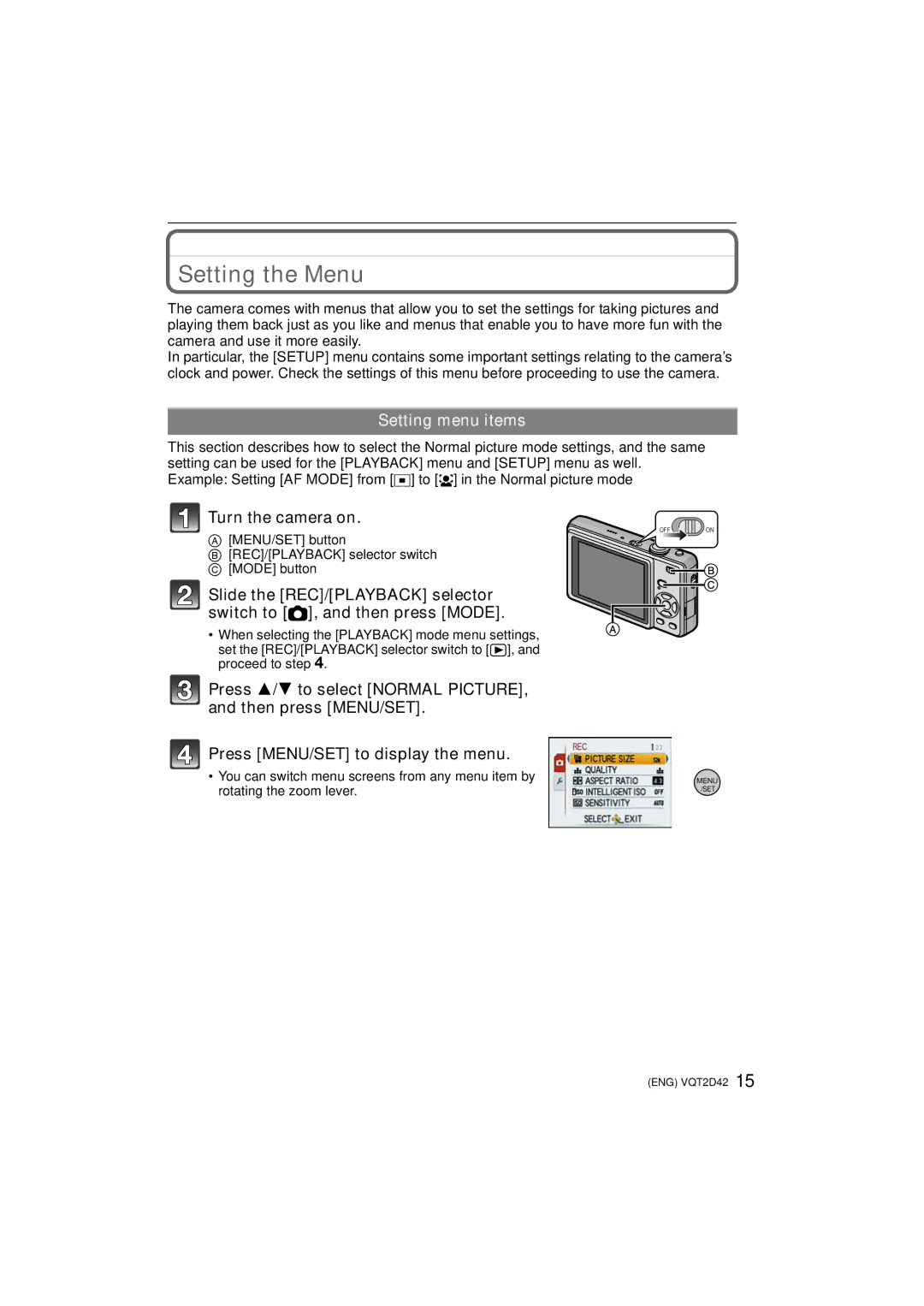 Panasonic VQT2D42, DMC-FS12 operating instructions Setting the Menu, Setting menu items 