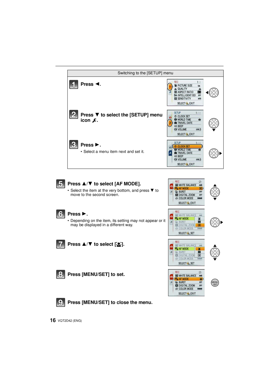 Panasonic DMC-FS12, VQT2D42 operating instructions Press Press 4 to select the Setup menu icon, Press 3/4 to select AF Mode 