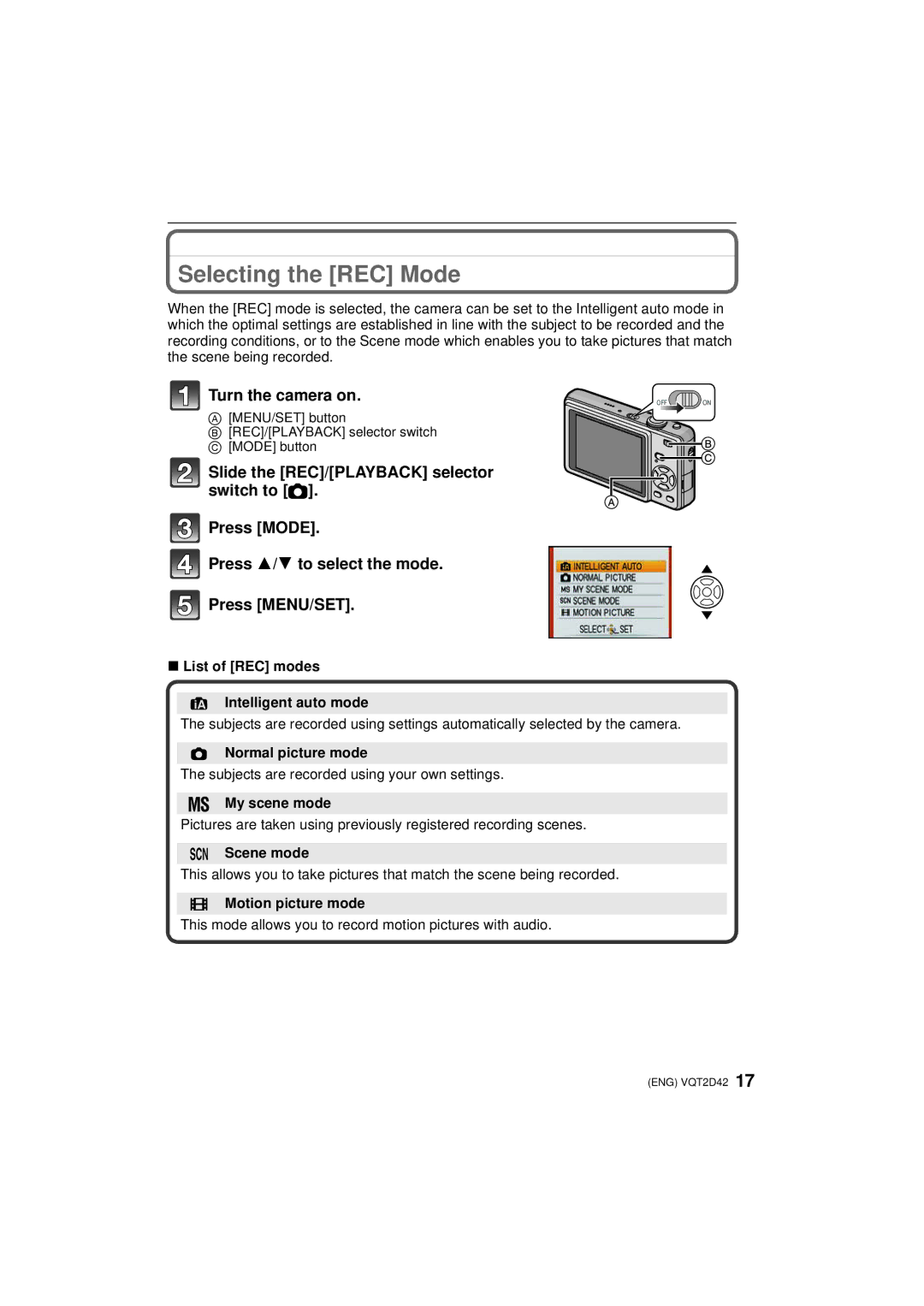 Panasonic VQT2D42, DMC-FS12 operating instructions Selecting the REC Mode 