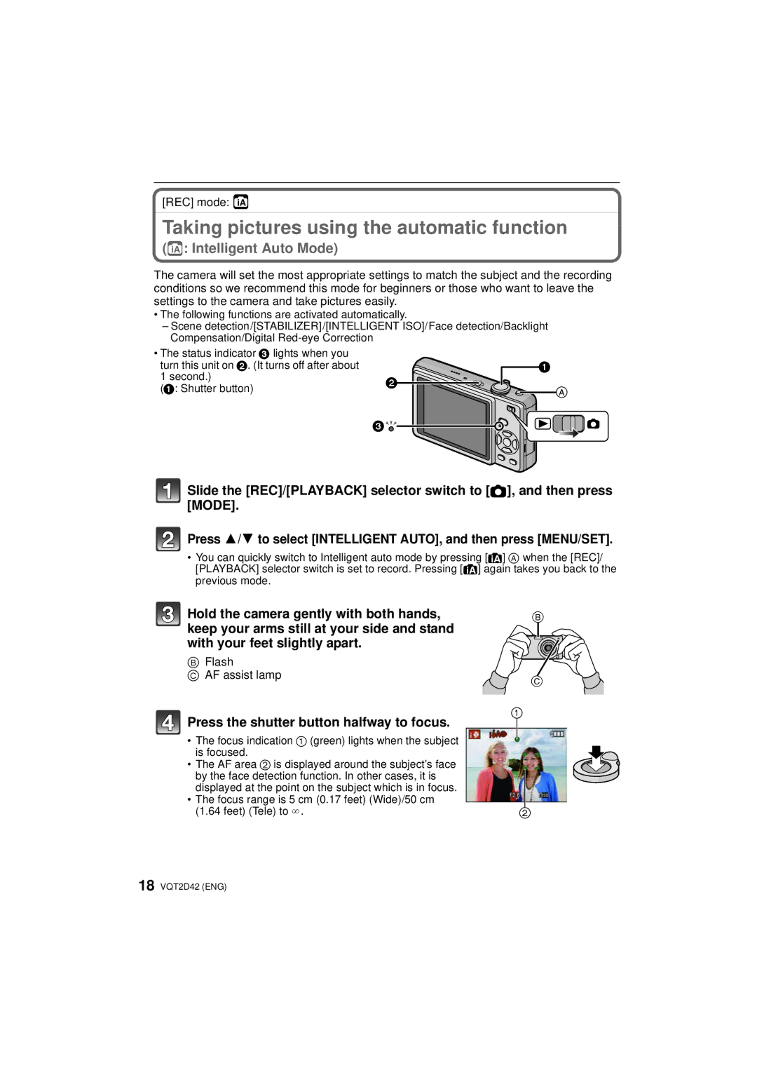 Panasonic DMC-FS12 Taking pictures using the automatic function, Press the shutter button halfway to focus, REC mode ñ 