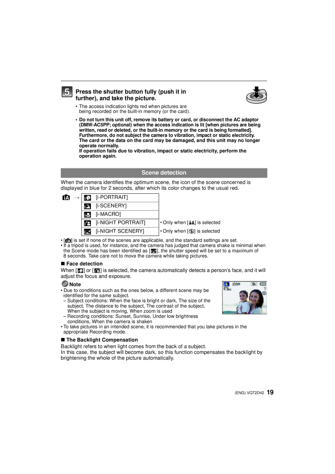 Panasonic VQT2D42, DMC-FS12 operating instructions Scene detection, Face detection, Backlight Compensation 