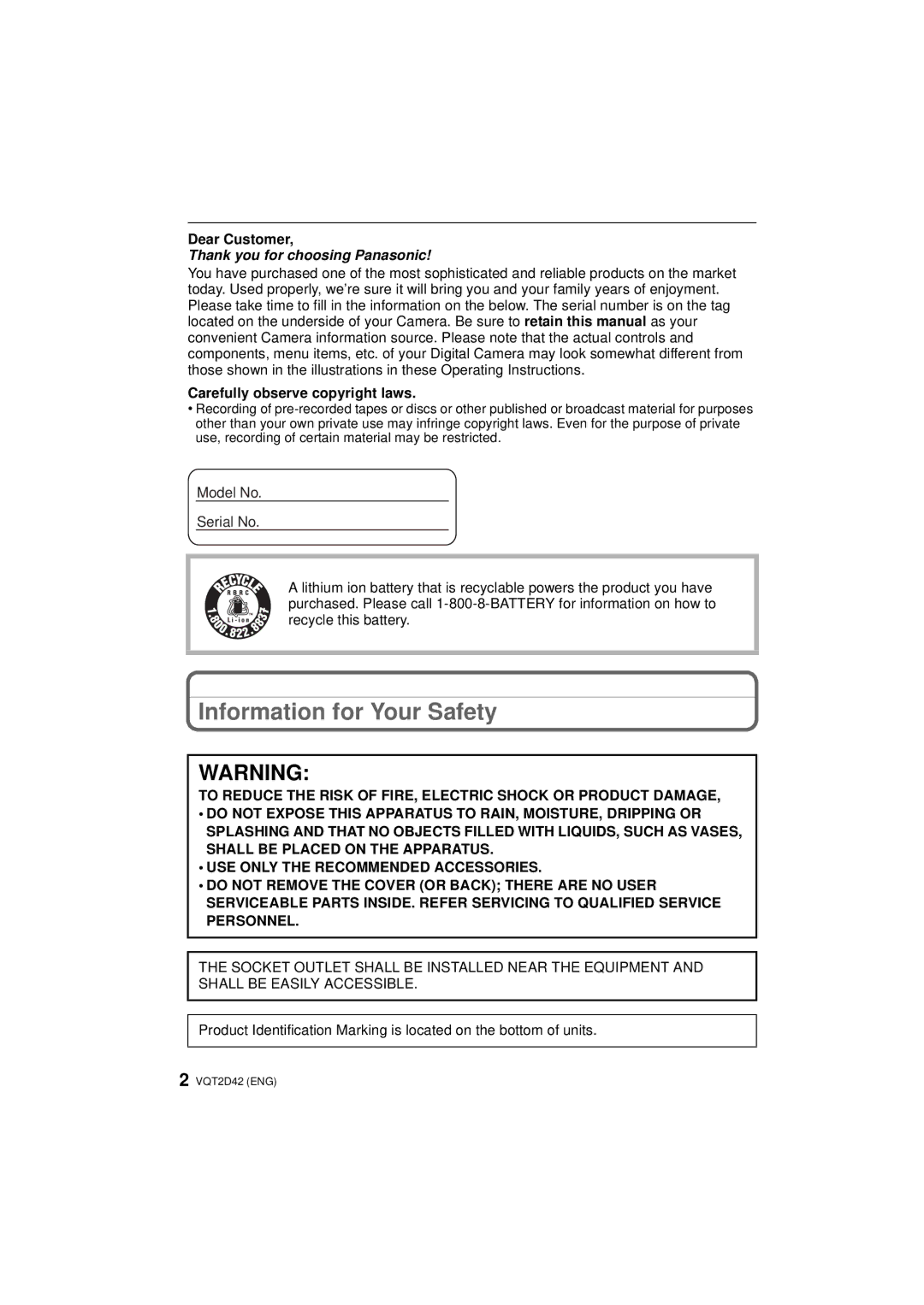 Panasonic DMC-FS12, VQT2D42 Information for Your Safety, Dear Customer, Carefully observe copyright laws 