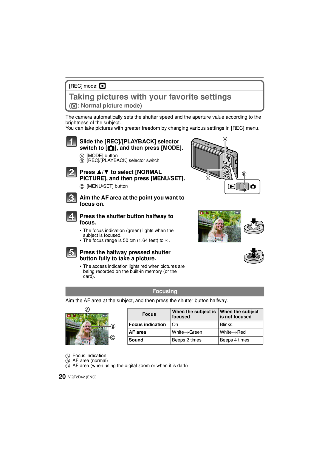 Panasonic DMC-FS12, VQT2D42 operating instructions Taking pictures with your favorite settings, Focusing, REC mode · 