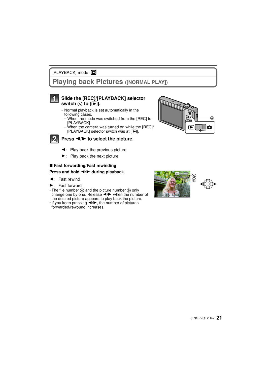 Panasonic VQT2D42, DMC-FS12 Playing back Pictures Normal Play, Slide the REC/PLAYBACK selector switch a to 