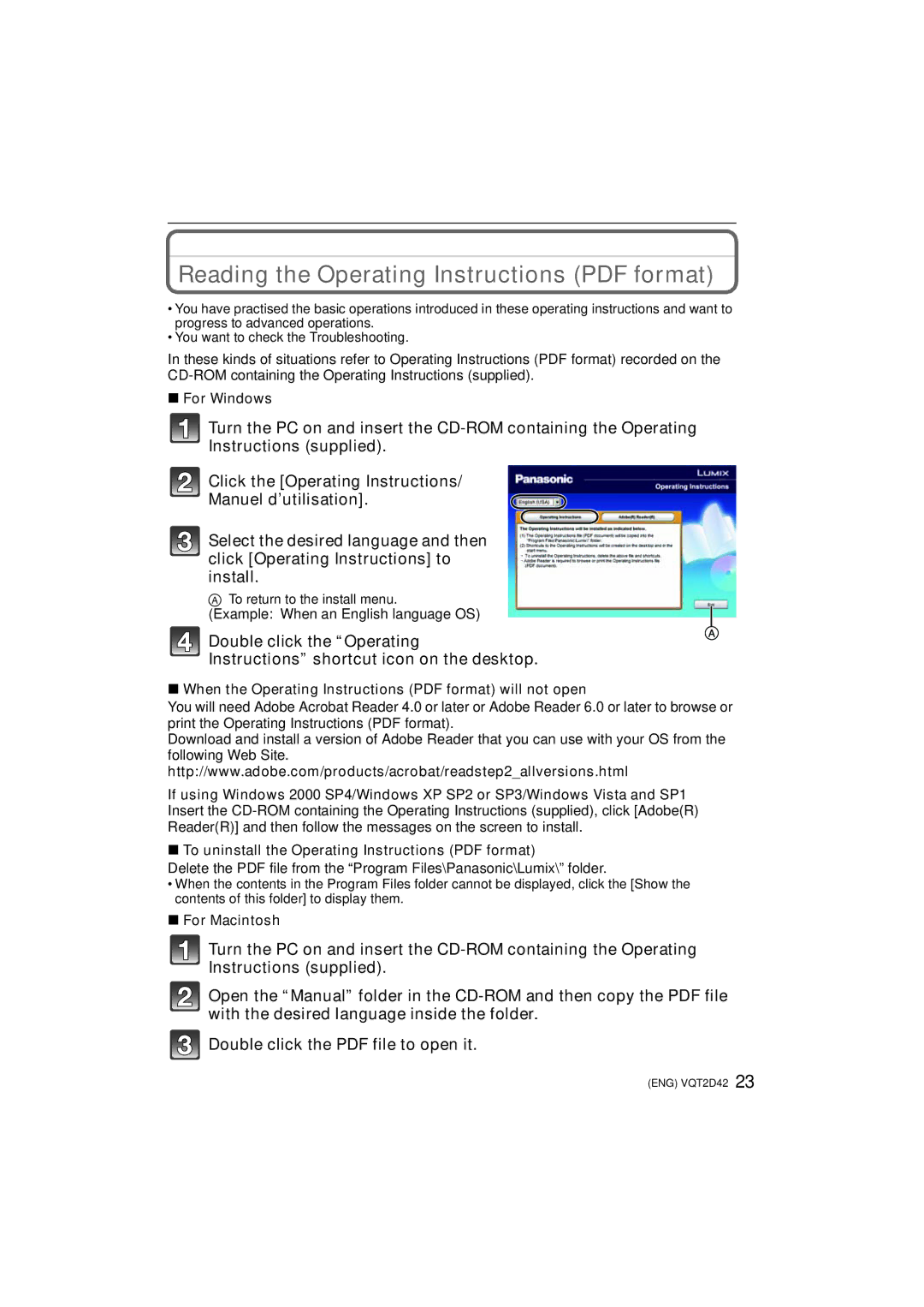 Panasonic VQT2D42, DMC-FS12 operating instructions For Windows, Example When an English language OS, For Macintosh 