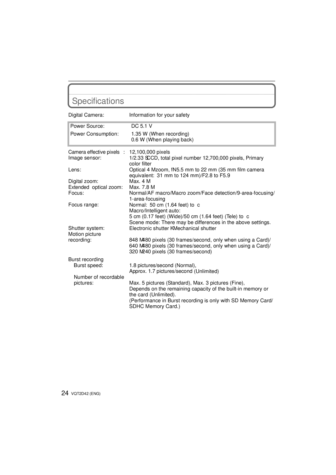 Panasonic DMC-FS12, VQT2D42 operating instructions Specifications 