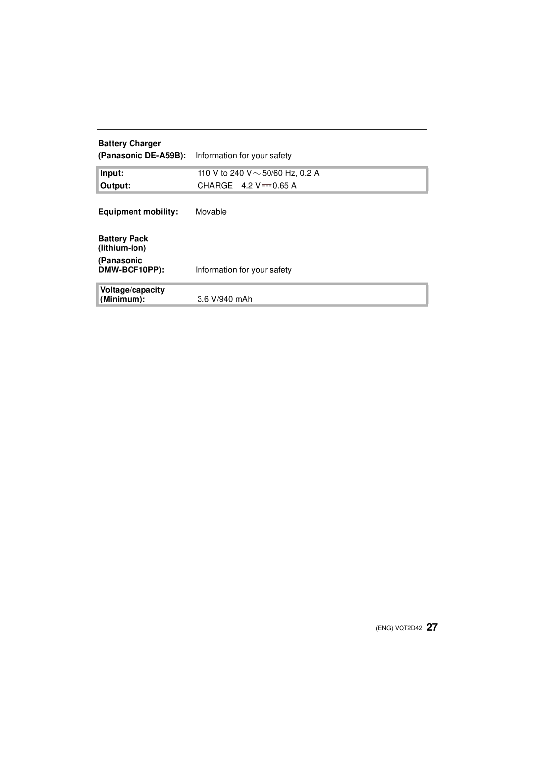 Panasonic VQT2D42, DMC-FS12 Panasonic DE-A59BInformation for your safety, Input To 240 50/60 Hz, 0.2 a Output, 65 a 