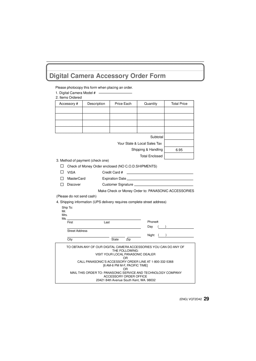 Panasonic VQT2D42, DMC-FS12 operating instructions Digital Camera Accessory Order Form, Visa 