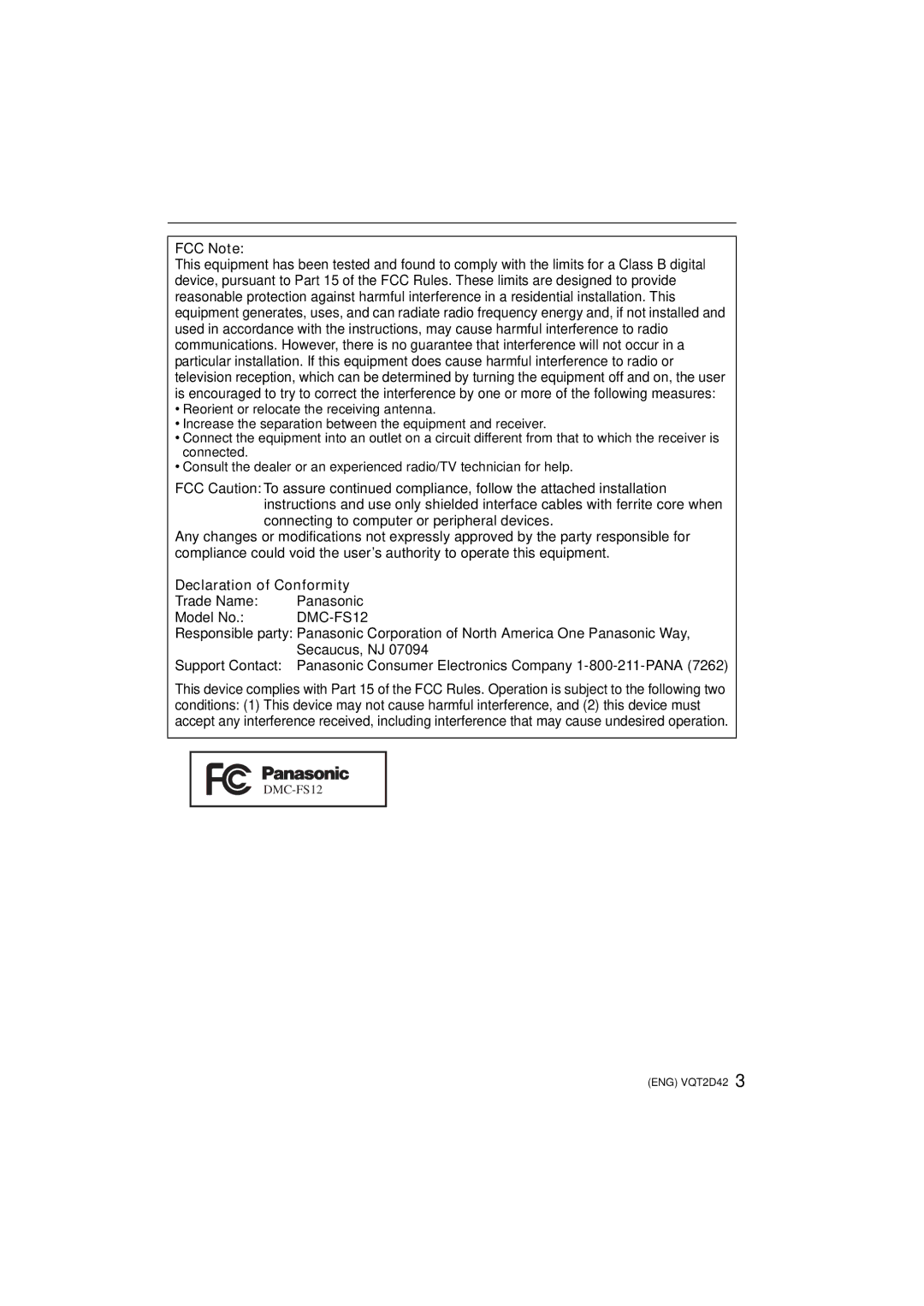 Panasonic VQT2D42 FCC Note, Declaration of Conformity, Trade Name Panasonic Model No, Secaucus, NJ, Support Contact 