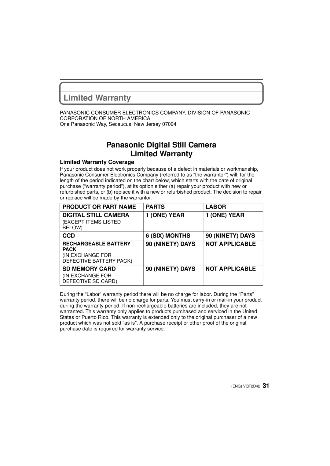 Panasonic VQT2D42, DMC-FS12 operating instructions Limited Warranty, One Panasonic Way, Secaucus, New Jersey 