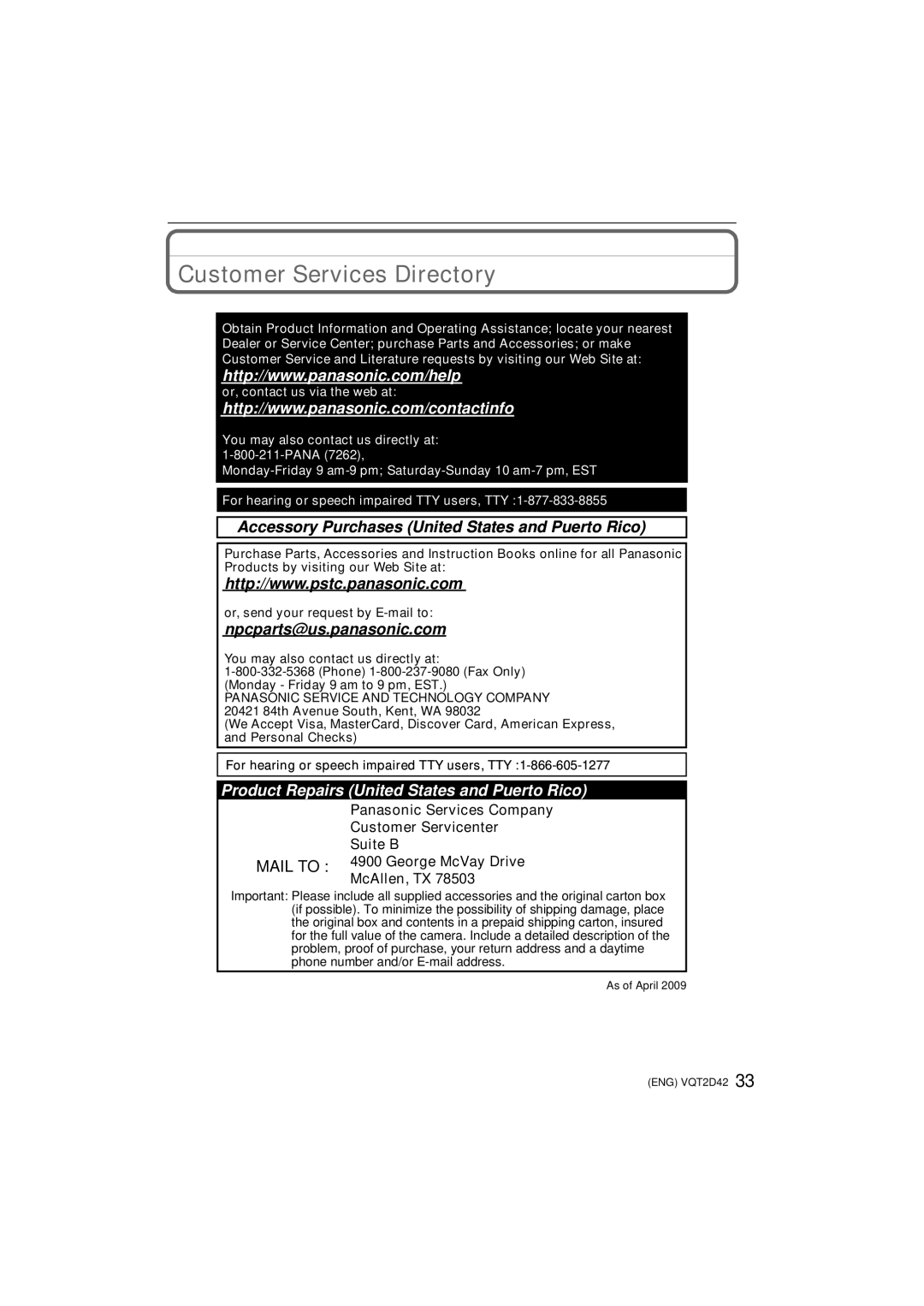 Panasonic VQT2D42, DMC-FS12 Customer Services Directory, Accessory Purchases United States and Puerto Rico 