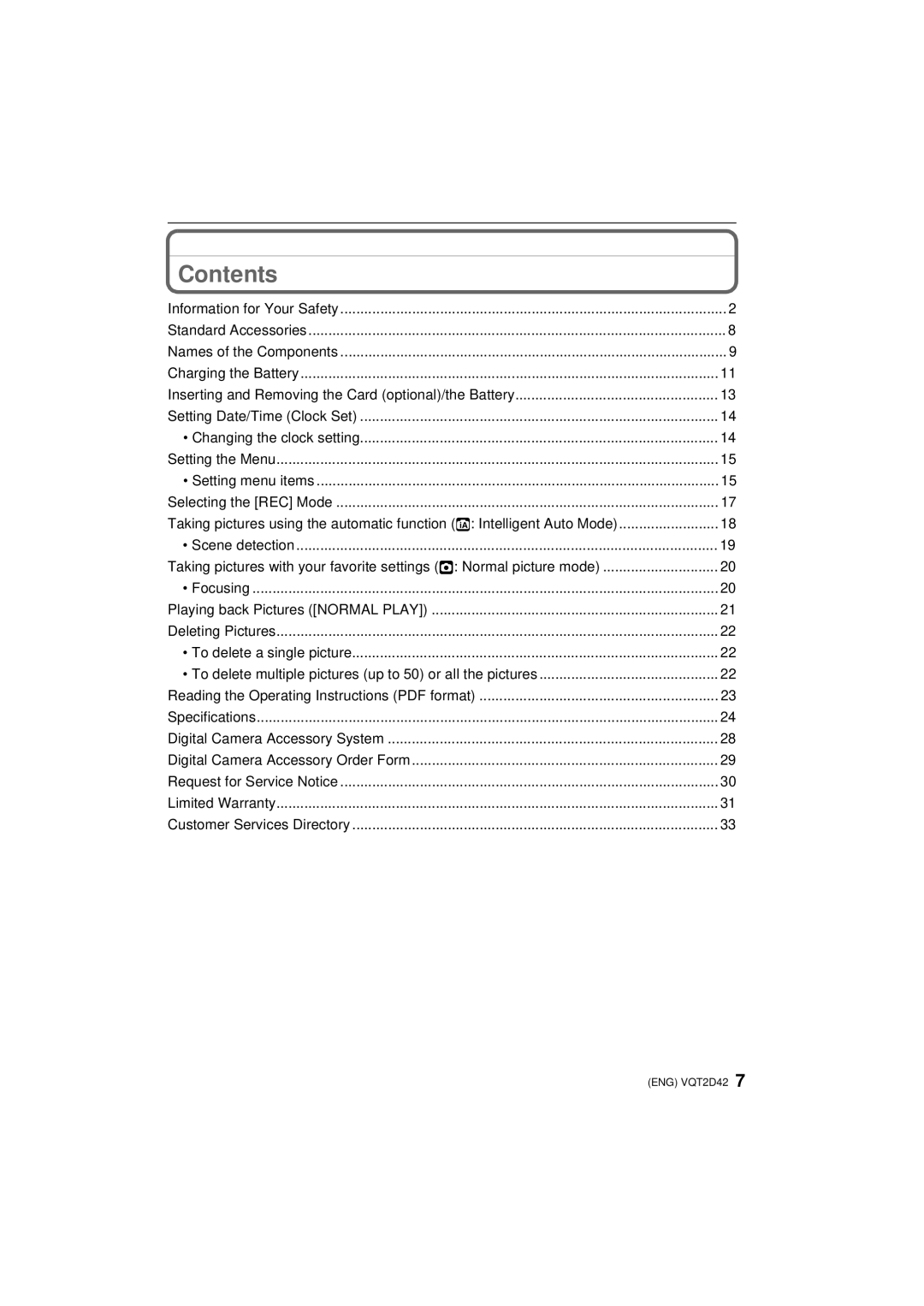 Panasonic VQT2D42, DMC-FS12 operating instructions Contents 