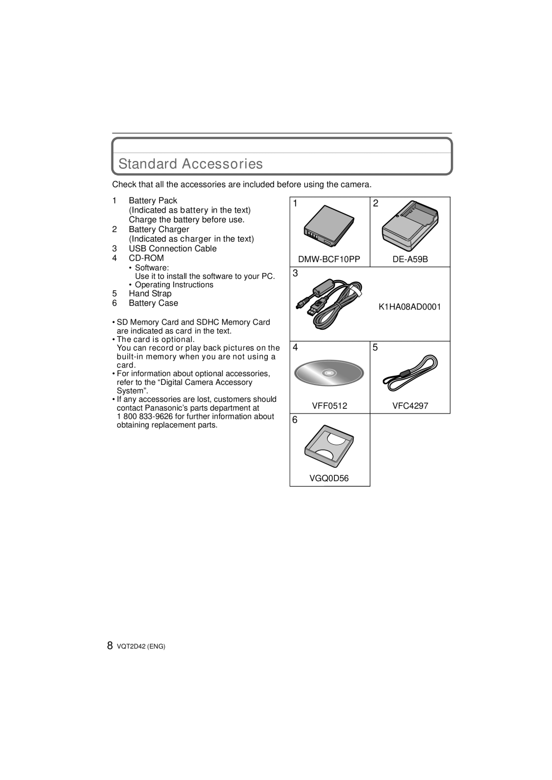 Panasonic DMC-FS12, VQT2D42 Standard Accessories, Hand Strap Battery Case, DE-A59B, K1HA08AD0001 VFF0512 VFC4297 