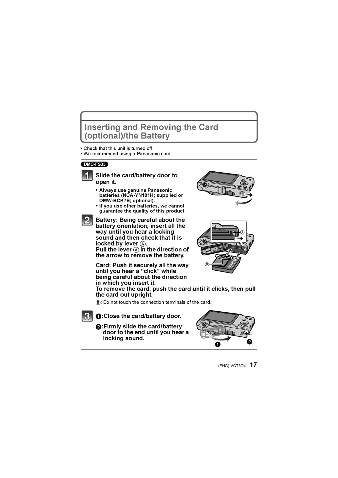 Panasonic DMC-FS18, DMC-FS14 Inserting and Removing the Card optional/the Battery, Slide the card/battery door to open it 