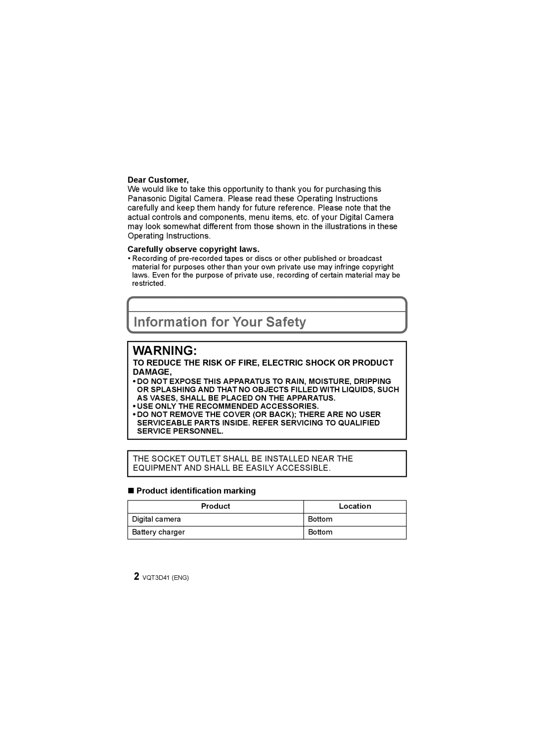 Panasonic DMC-FS35 Information for Your Safety, Dear Customer, Carefully observe copyright laws, Product Location 