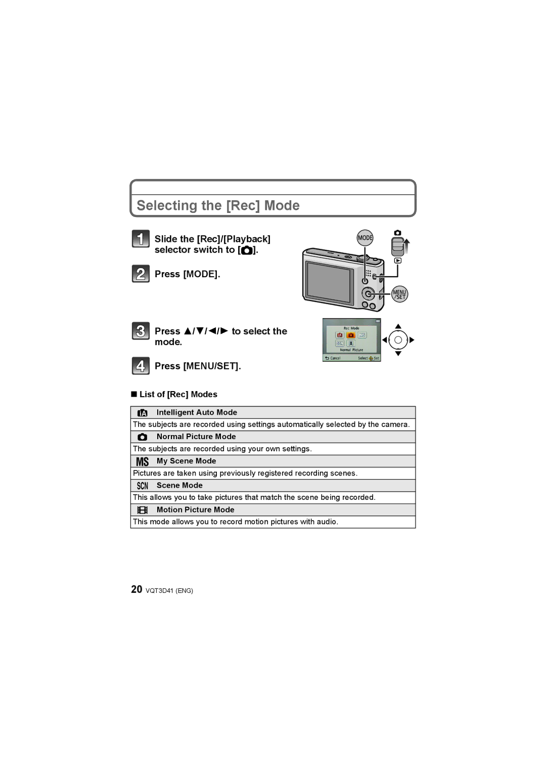 Panasonic DMC-FS14, DMC-FS18, DMC-FS35, DMC-FS16 operating instructions Selecting the Rec Mode, List of Rec Modes 