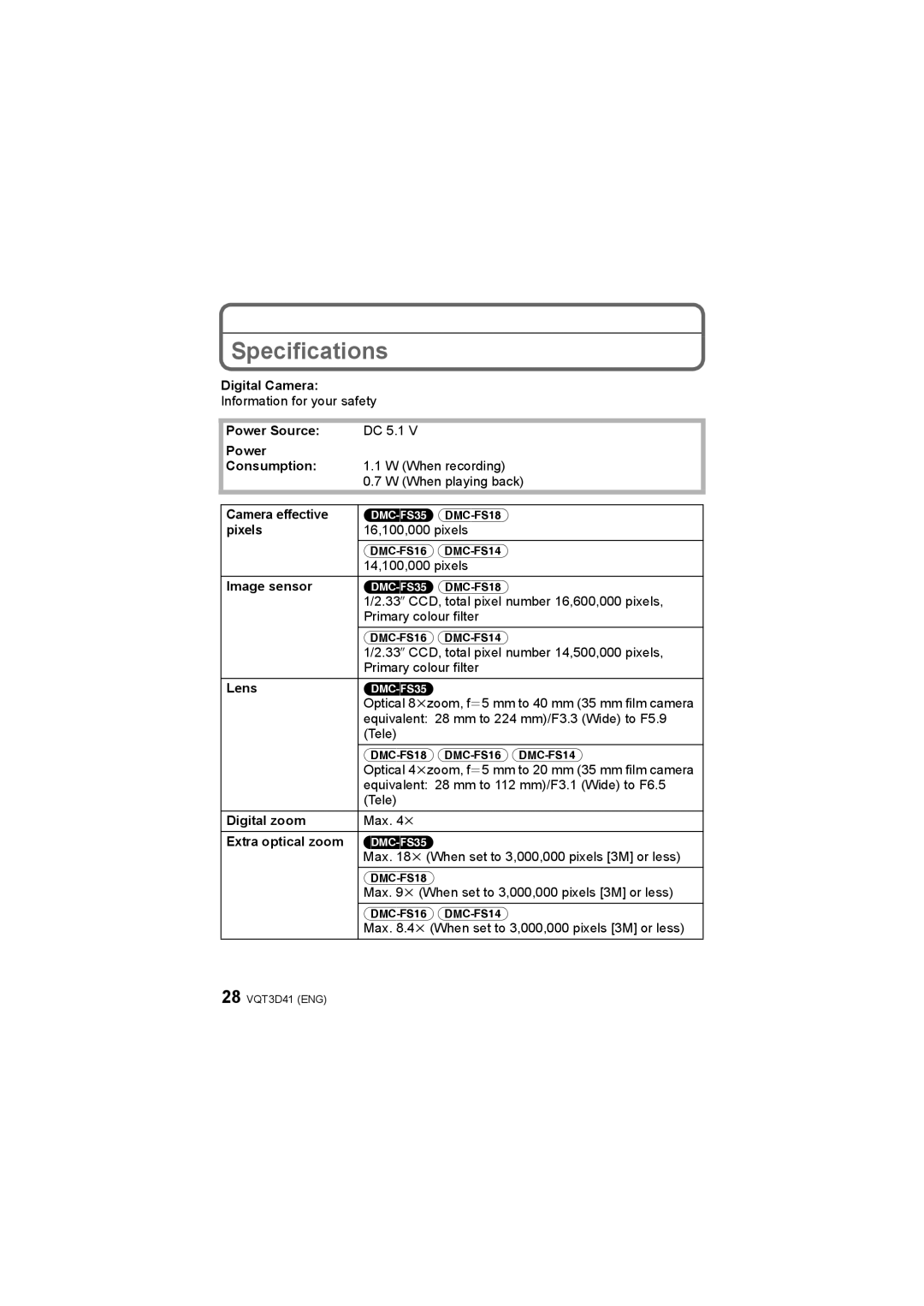 Panasonic DMC-FS14, DMC-FS18, DMC-FS35, DMC-FS16 operating instructions Specifications 