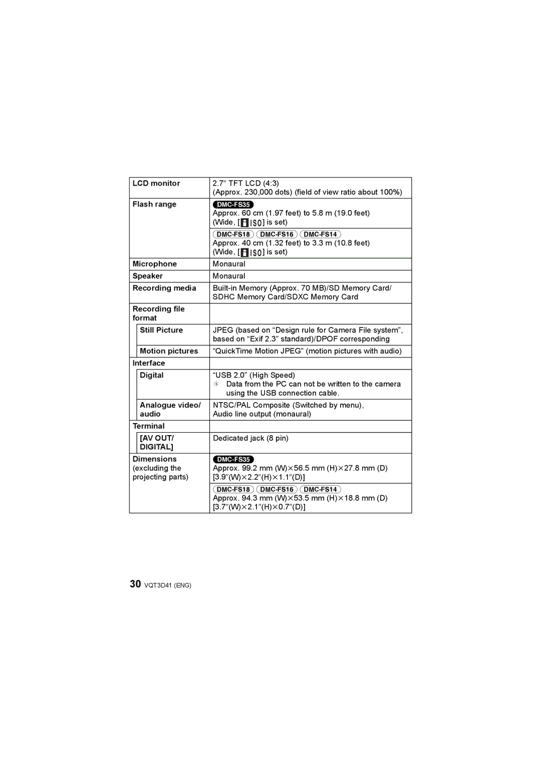 Panasonic DMC-FS35 LCD monitor, Flash range, Microphone, Speaker, Recording media, Recording file Format Still Picture 