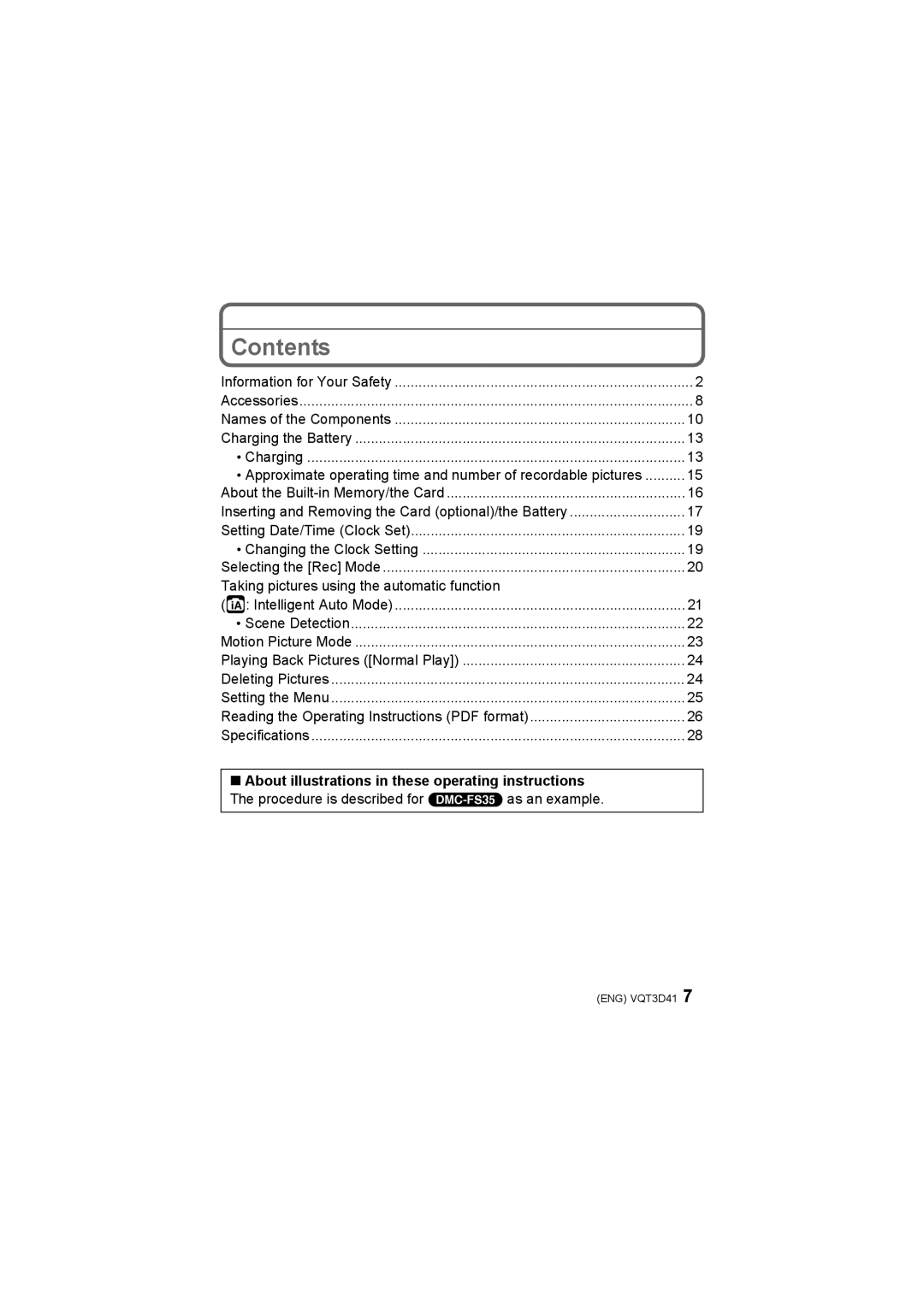 Panasonic DMC-FS16, DMC-FS14, DMC-FS18, DMC-FS35 operating instructions Contents 