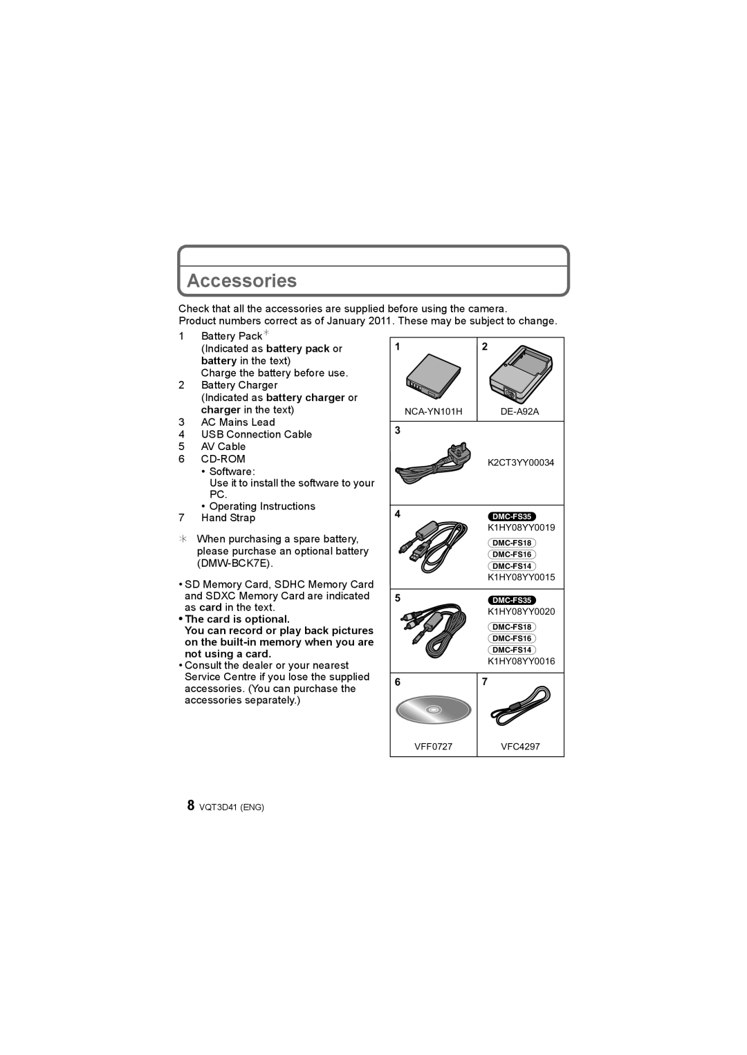 Panasonic DMC-FS14, DMC-FS18, DMC-FS35, DMC-FS16 Accessories, Indicated as battery charger or charger in the text 