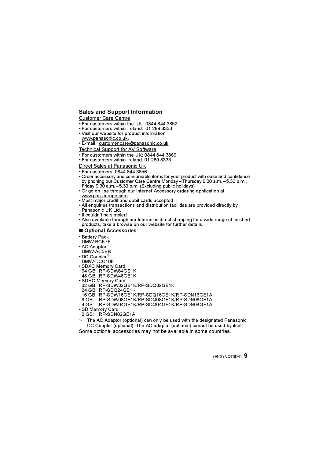 Panasonic DMC-FS18, DMC-FS14, DMC-FS35, DMC-FS16 operating instructions Sales and Support Information, Optional Accessories 