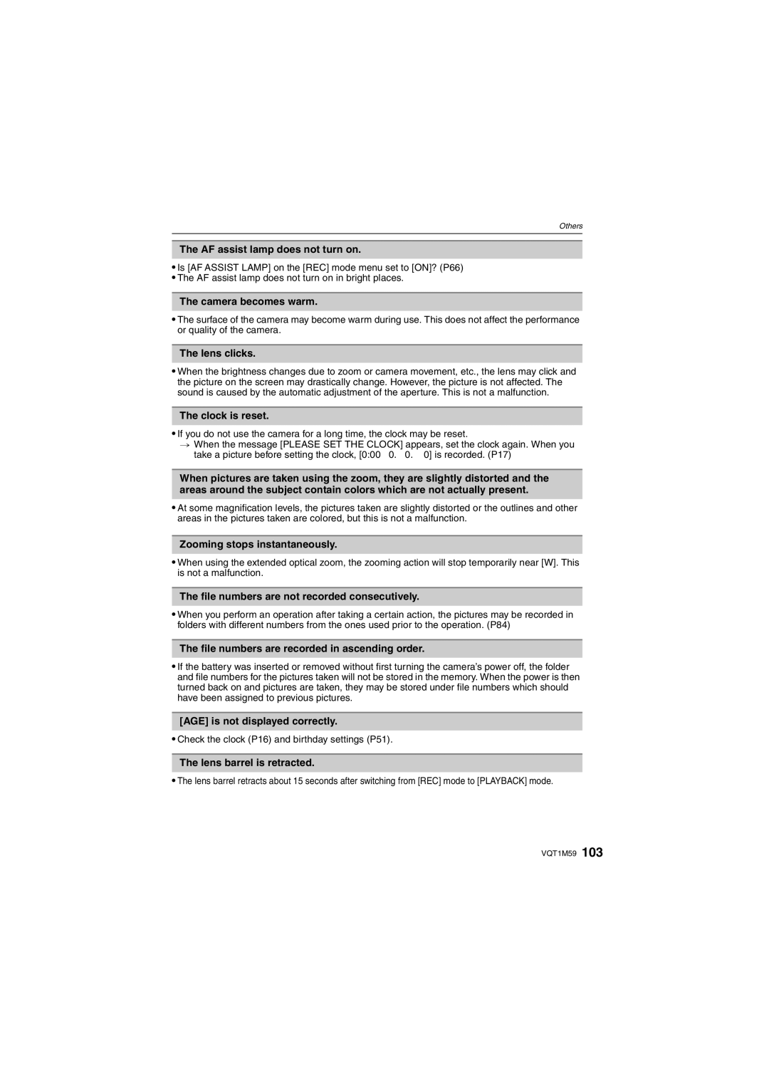 Panasonic DMC-FS20 operating instructions AF assist lamp does not turn on, Camera becomes warm, Lens clicks, Clock is reset 