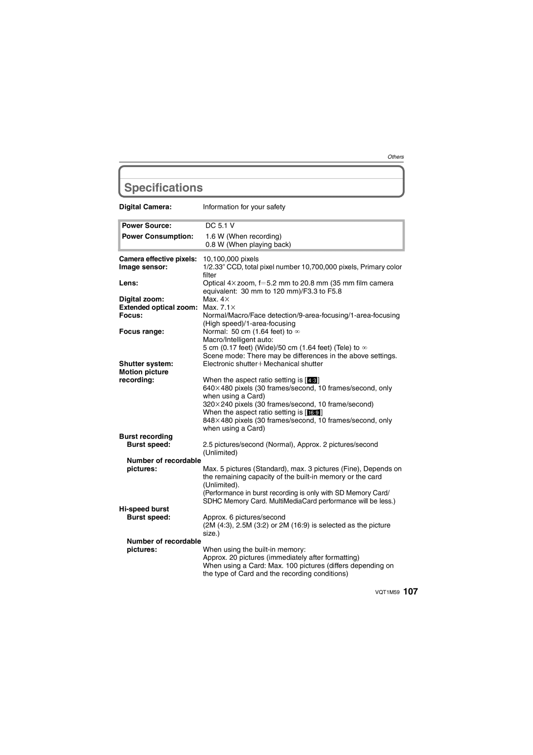 Panasonic DMC-FS20 operating instructions Specifications 