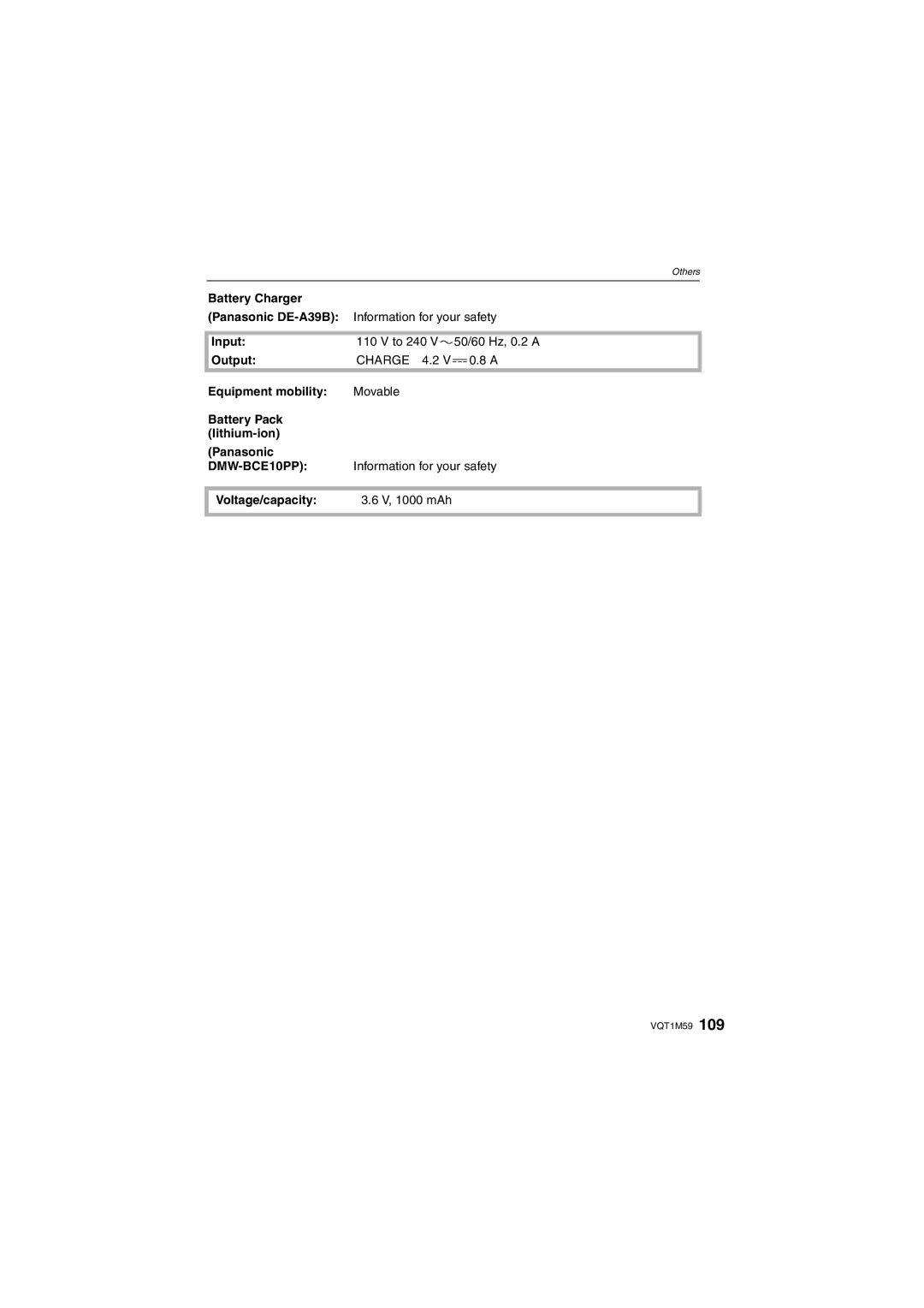 Panasonic DMC-FS20 Input To 240 50/60 Hz, 0.2 a Output, Charge 4.2, DMW-BCE10PP, Information for your safety 