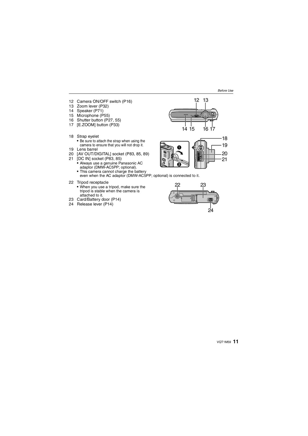 Panasonic DMC-FS20 operating instructions Lens barrel AV OUT/DIGITAL socket P83, 85 DC in socket P83, Tripod receptacle 