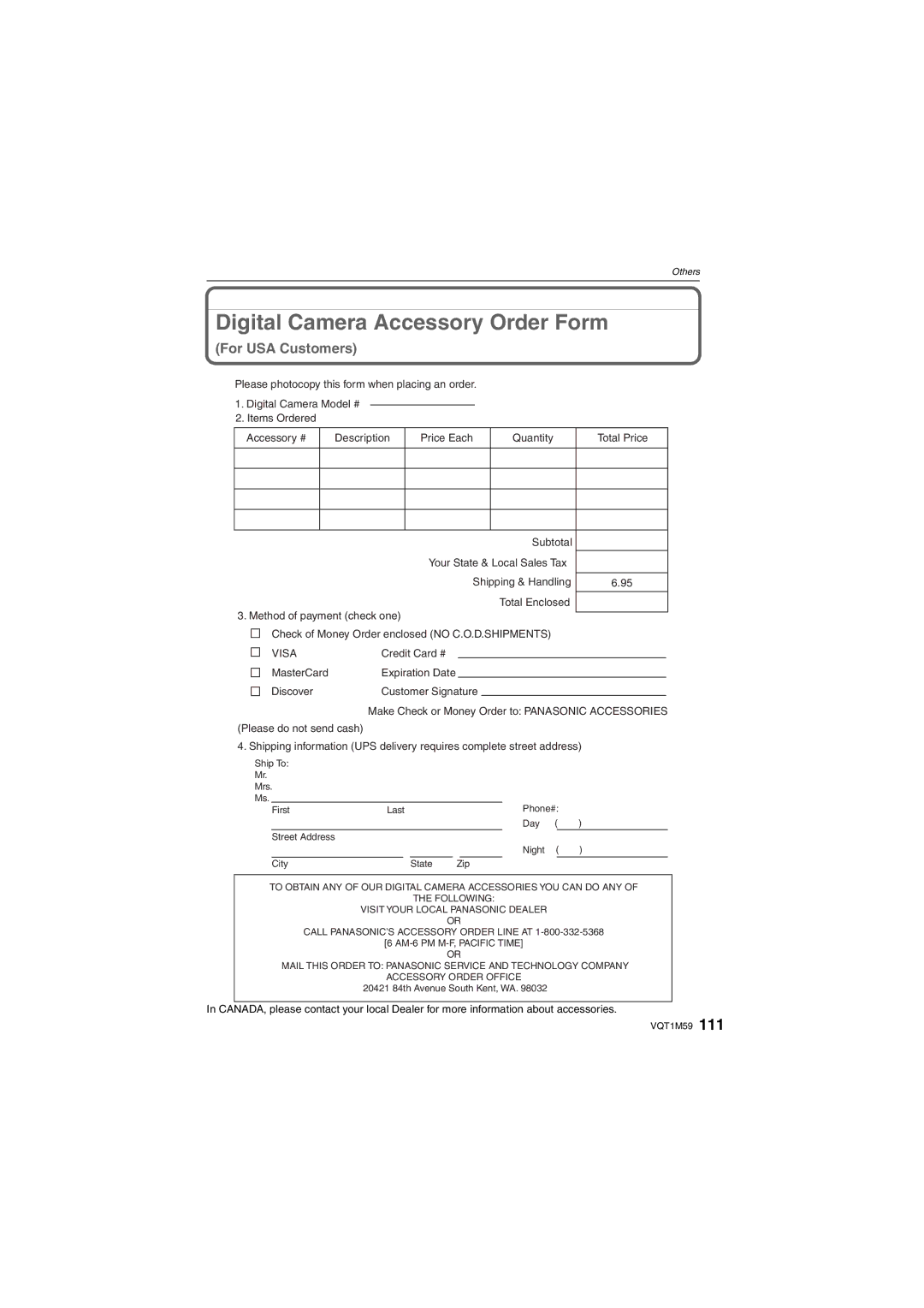 Panasonic DMC-FS20 operating instructions Digital Camera Accessory Order Form 