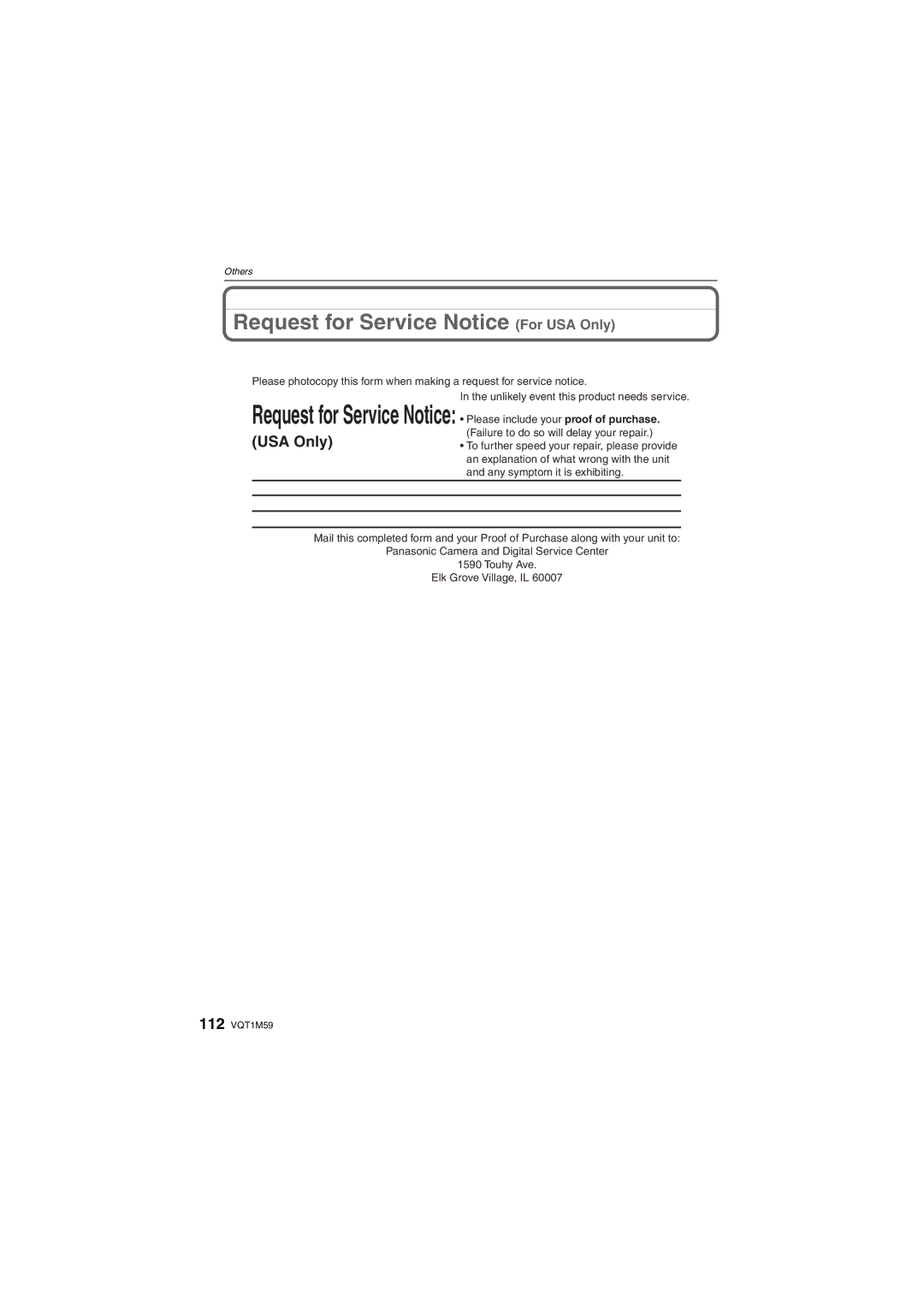 Panasonic DMC-FS20 operating instructions Request for Service Notice For USA Only 