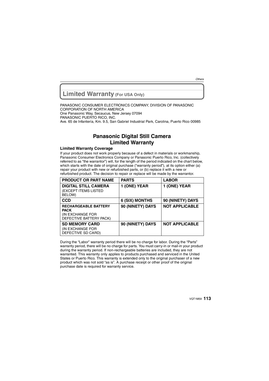 Panasonic DMC-FS20 operating instructions Limited Warranty Coverage, Except Items Listed Below, Rechargeable Battery 