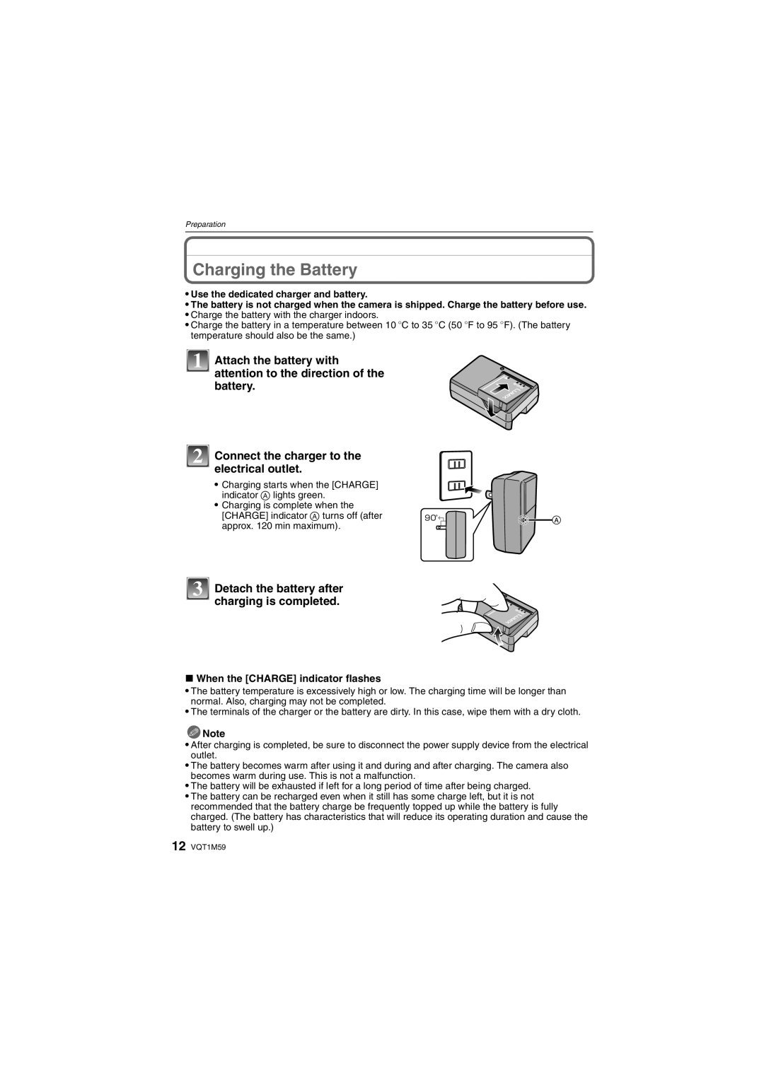 Panasonic DMC-FS20 Charging the Battery, Detach the battery after charging is completed, When the Charge indicator flashes 