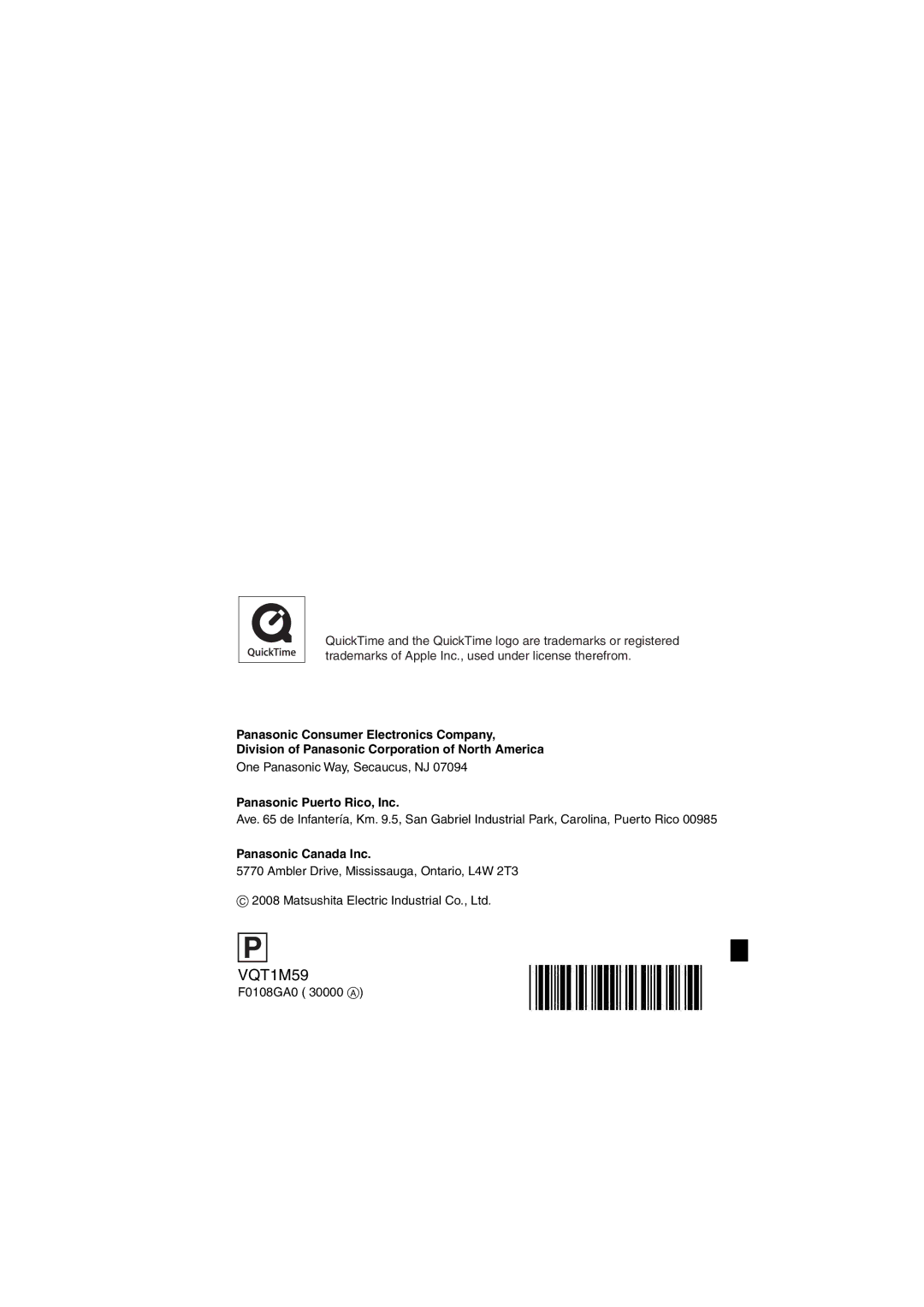 Panasonic DMC-FS20 One Panasonic Way, Secaucus, NJ, Panasonic Puerto Rico, Inc, Panasonic Canada Inc, F0108GA0 30000 a 