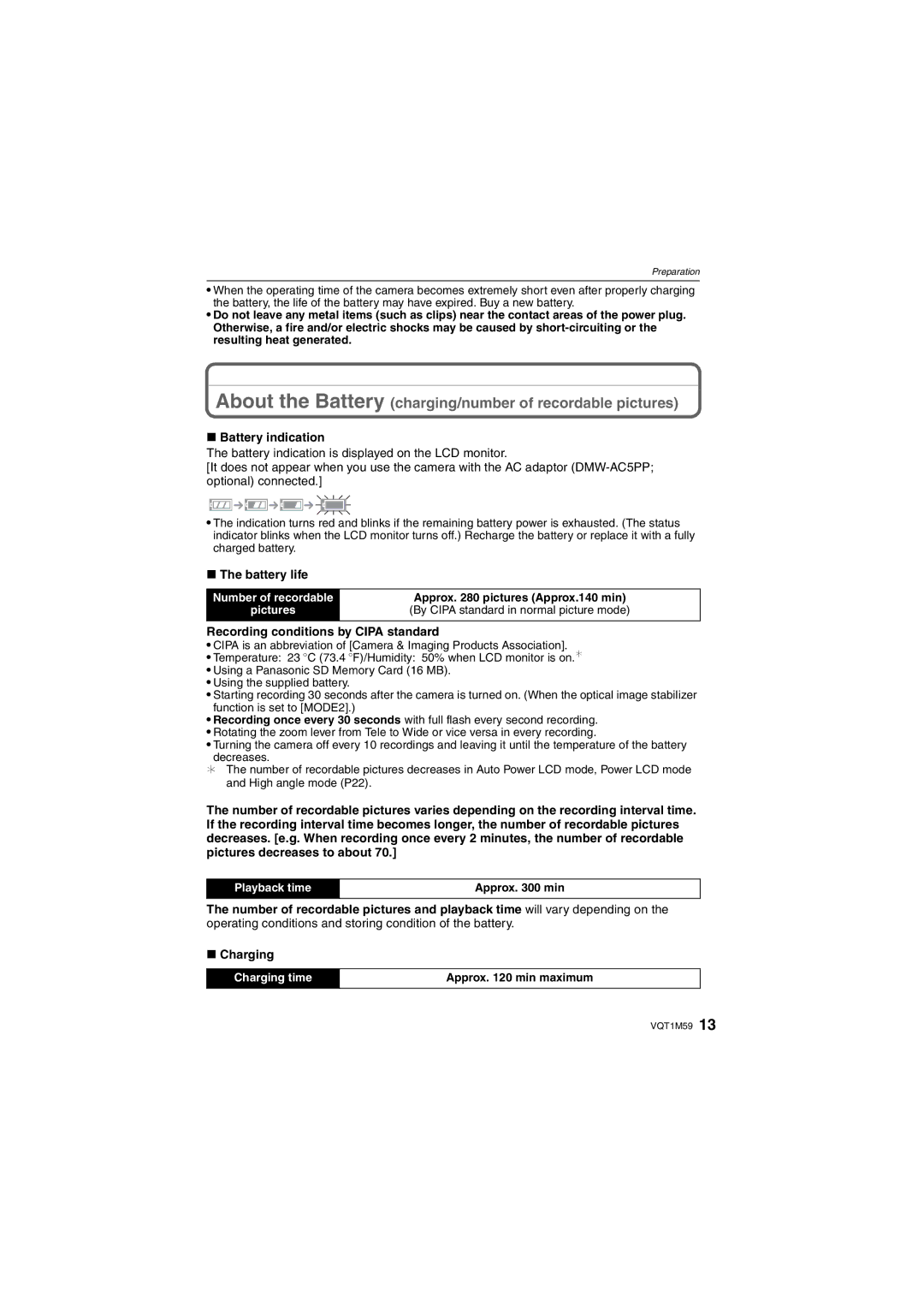 Panasonic DMC-FS20 Battery indication, Battery life, Recording conditions by Cipa standard, Approx min 