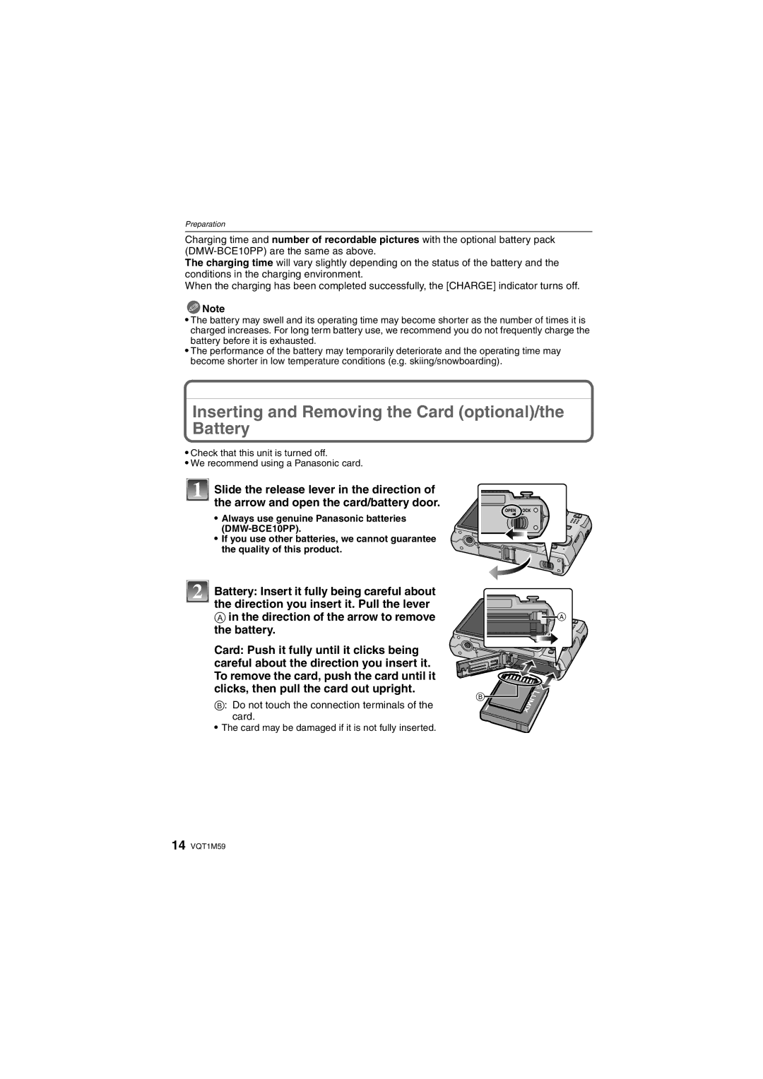 Panasonic DMC-FS20 Inserting and Removing the Card optional/the Battery, Do not touch the connection terminals 