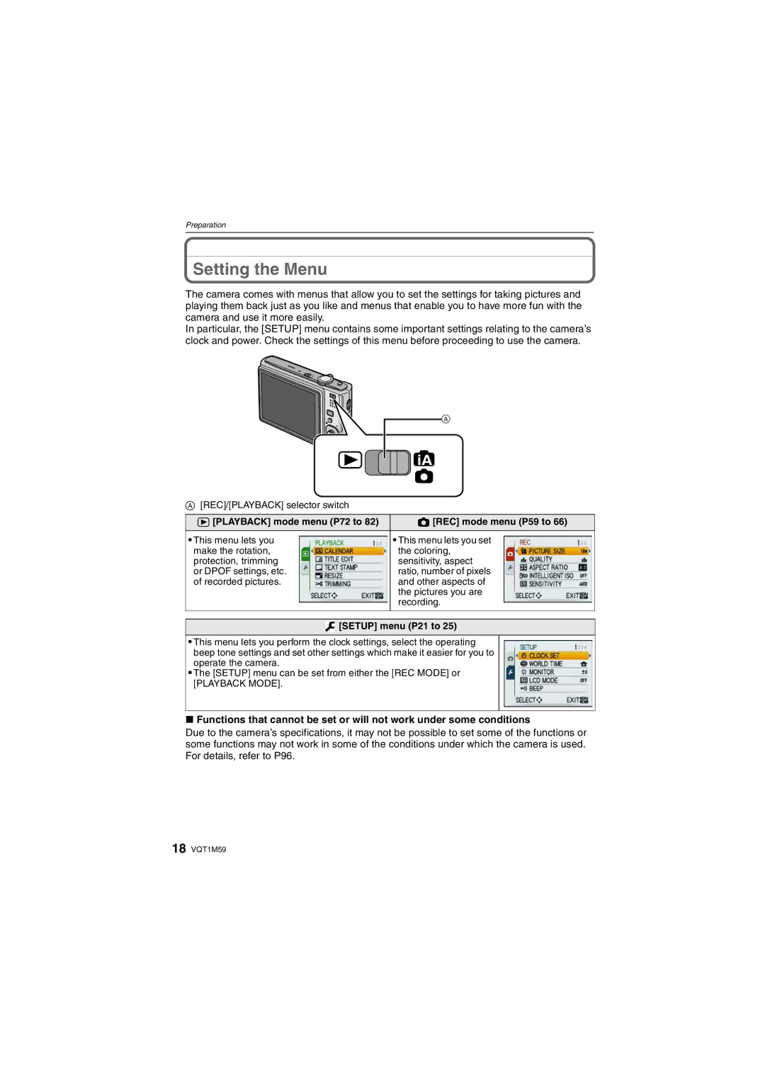 Panasonic DMC-FS20 Setting the Menu, Playback mode menu P72 to REC mode menu P59 to, Setup menu P21 to 